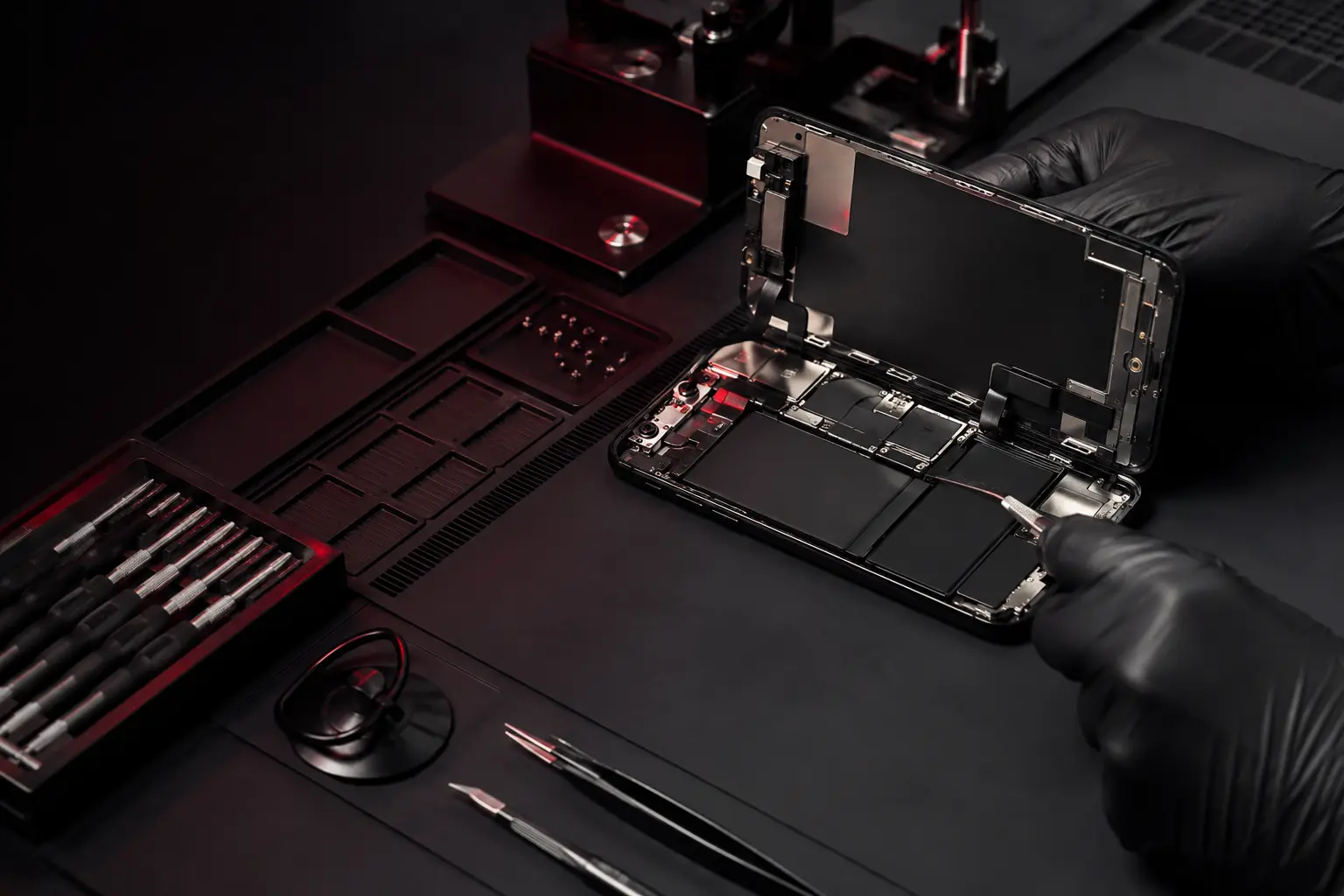 Técnico desmontando la pantalla de un celular durante una reparación